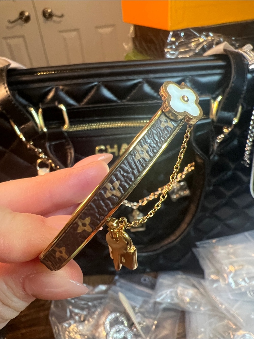 Gold-Tone Brown Monogram Key Charm with Clover Accent